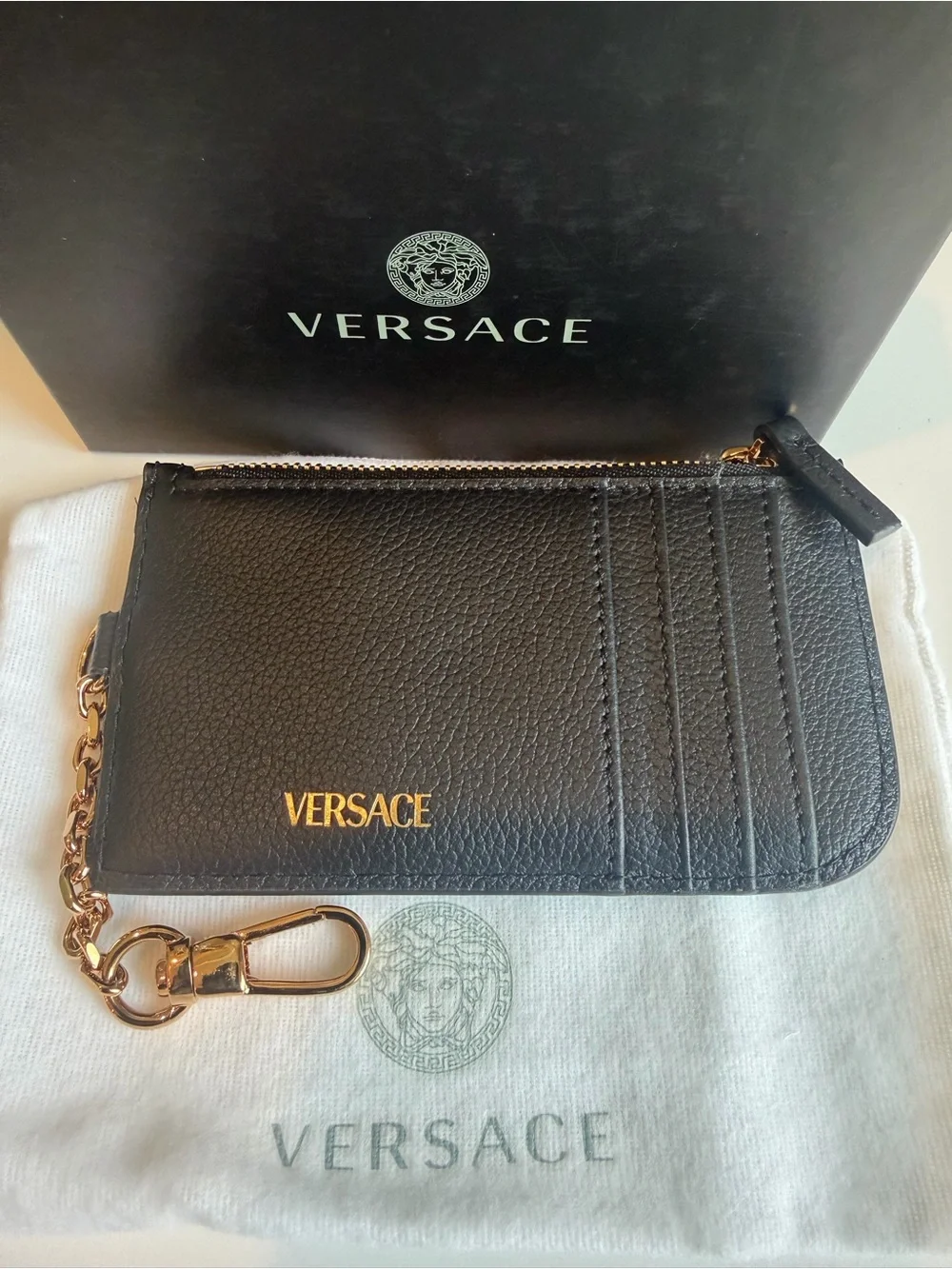 NWT Versace Black Pebbled Leather Medusa Coin Pouch/Card Holder.